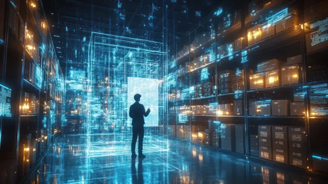 A cyberpunk warehouse worker views blue holographic logistics maps between illuminated cargo storage racks.