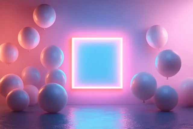 Neon pink and blue square glow in the center with floating white balloons on a pastel gradient floor and background.