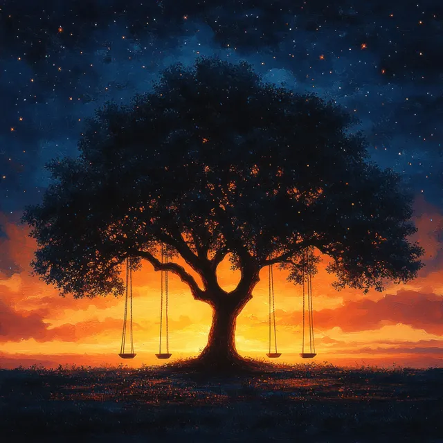 Silhouette of a meditating figure beneath a large tree with hanging swings at a starry sunset.