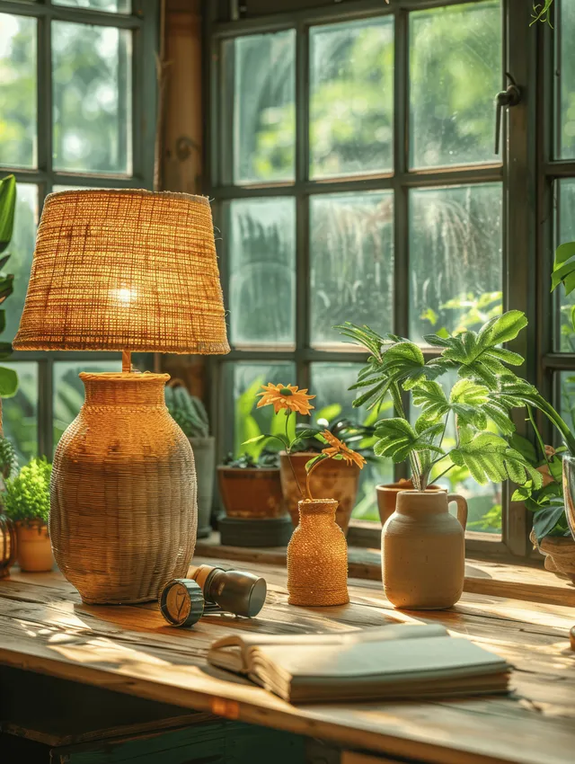 A desk holds an A4 frame mockup with books, a warm lamp, and several potted plants by a sunlit window.