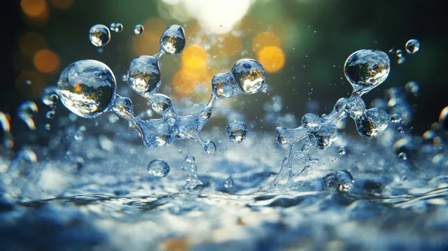 Hyper-real water molecules floating in serene blue liquid macro, glowing bokeh reflections