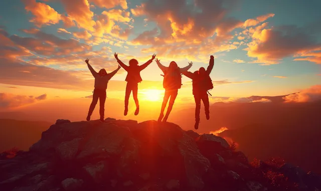 Silhouetted friends jump with raised arms on a rocky mountain summit at sunset.