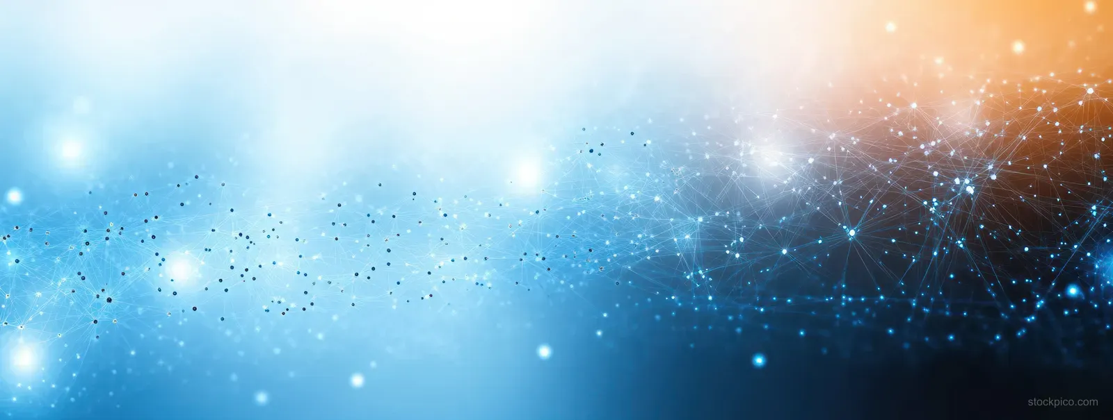 Abstract network of glowing interconnected nodes with blue-to-orange light gradients over a dark space-like background.