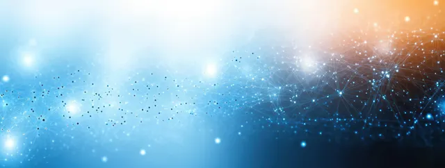 Abstract network of glowing interconnected nodes with blue-to-orange light gradients over a dark space-like background.