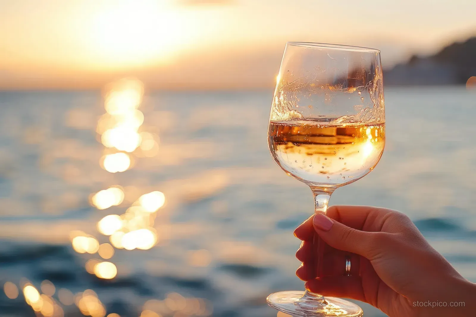 A hand holds a rosé wine glass at the ocean shoreline during sunset with golden light reflecting on the waves.