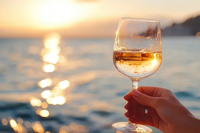 Hand holds a rosé wine glass by the ocean at sunset, golden reflections shimmering