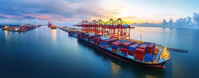 A large container ship with colorful containers docked at a busy port during sunset with cranes and reflected light on water.