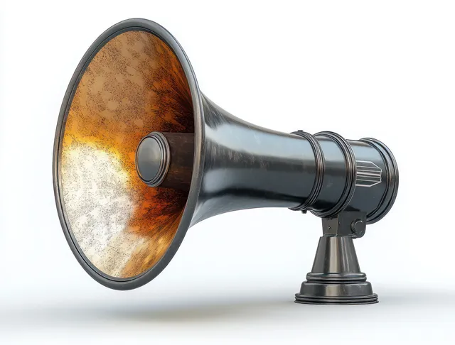 Vintage black megaphone close-up with a rusty inner cone isolated on a white background.