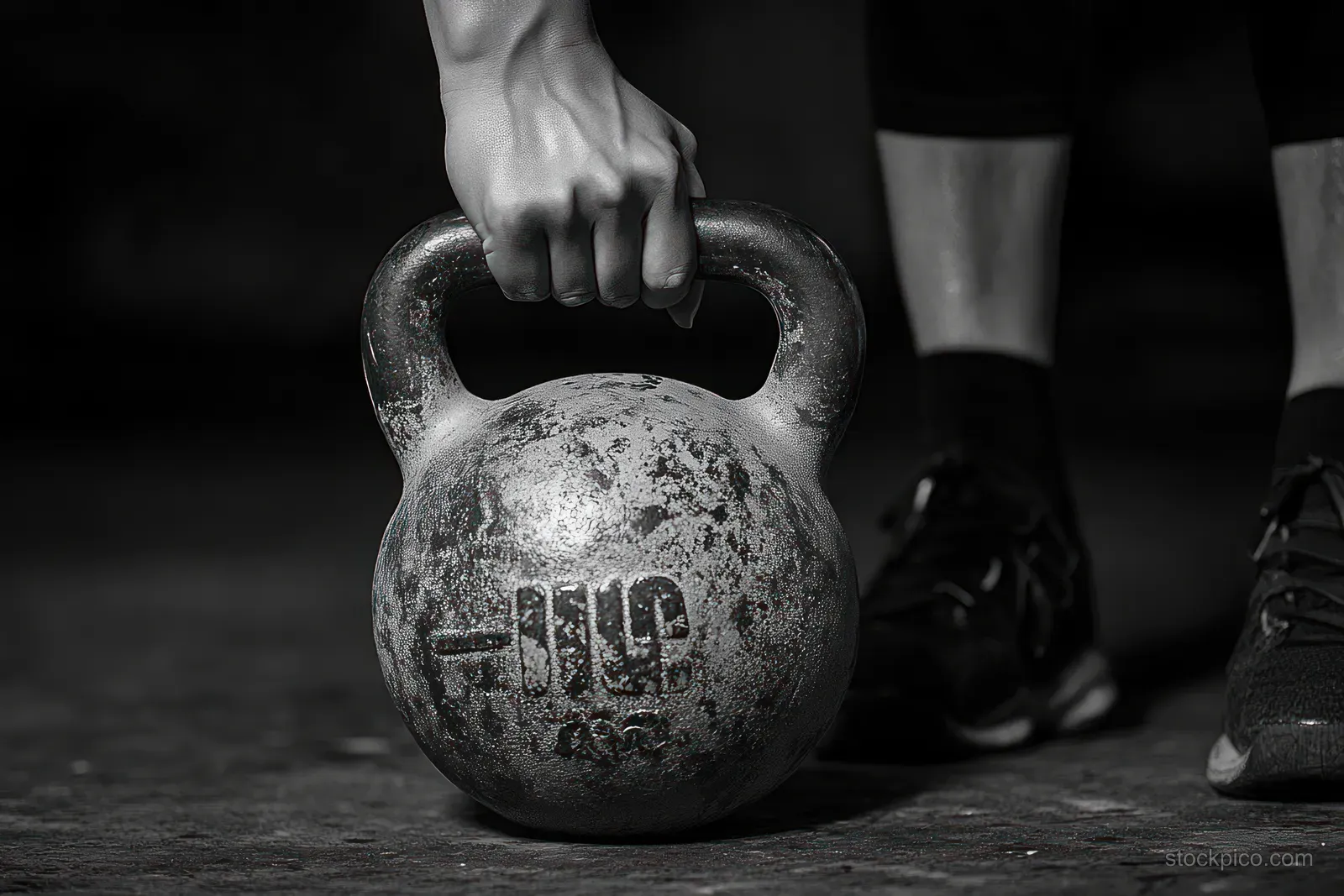 Close-up of a hand gripping a heavy kettlebell on a gym floor with athletic shoes blurred in the background.