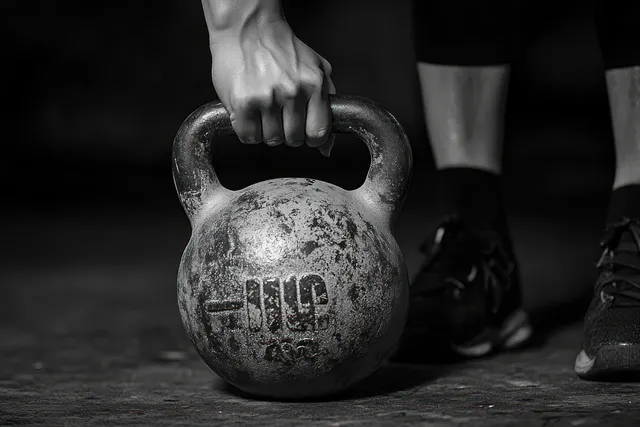 Close-up of a hand gripping a heavy kettlebell on a gym floor with athletic shoes blurred in the background.