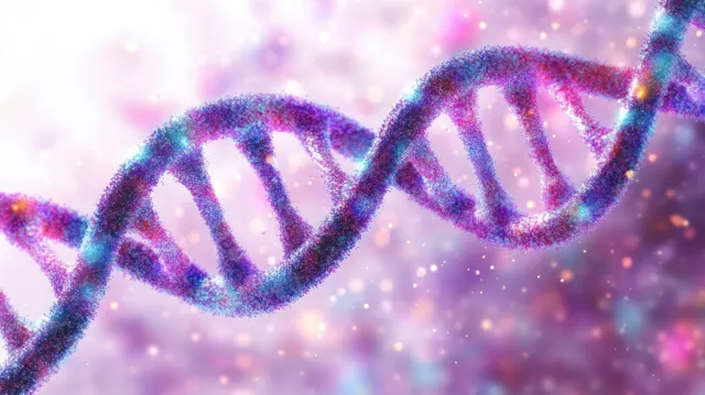 Close-up DNA double helix with colorful particles and glowing molecular background