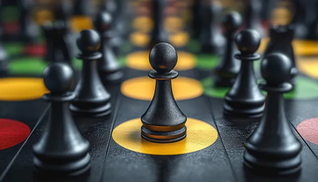 A chess pawn stands on a yellow circle on a board with other pieces over red and green color zones.