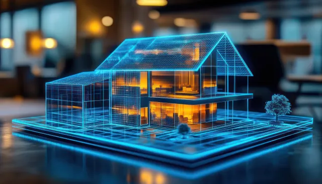 A glowing wireframe 3D property model on a desk with contract pages implying document management.