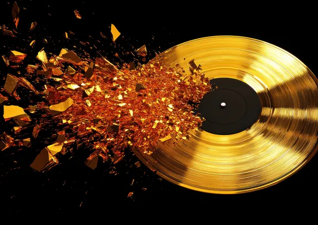 A gold vinyl record breaks apart with flying shards and glowing sparks on a black background.