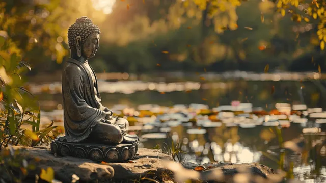 Meditating Buddha statue by river at golden hour with water lilies and soft bokeh