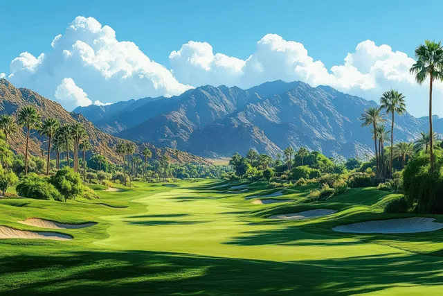 Sunlit golf course fairways curve past palm trees with mountains and blue sky in the background.