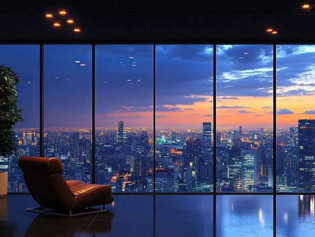 Leather lounge chair in a quiet room looking out through floor-to-ceiling windows at a sunset city skyline.
