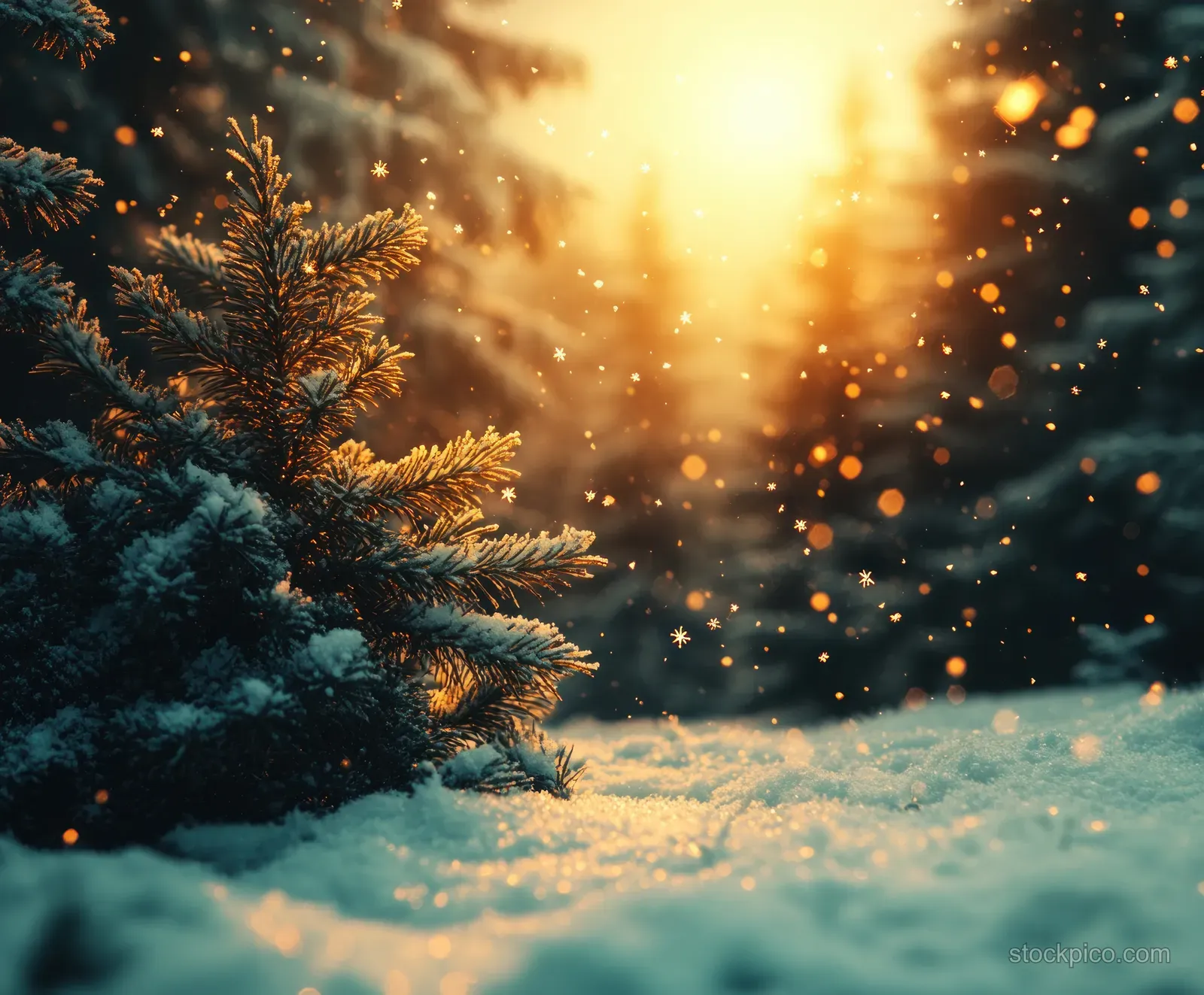 Snowy pine needles in the foreground with softly blurred snowflakes and warm light bokeh in the winter forest background.