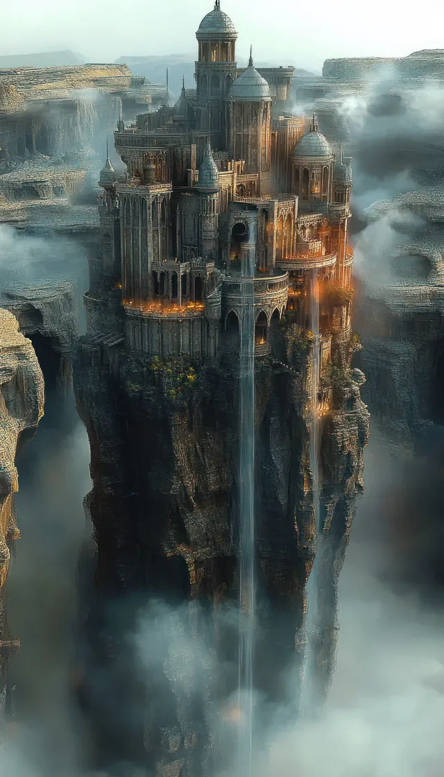 An ancient stone castle on a cliff glows with warm lights amid thick mist and a falling waterfall.