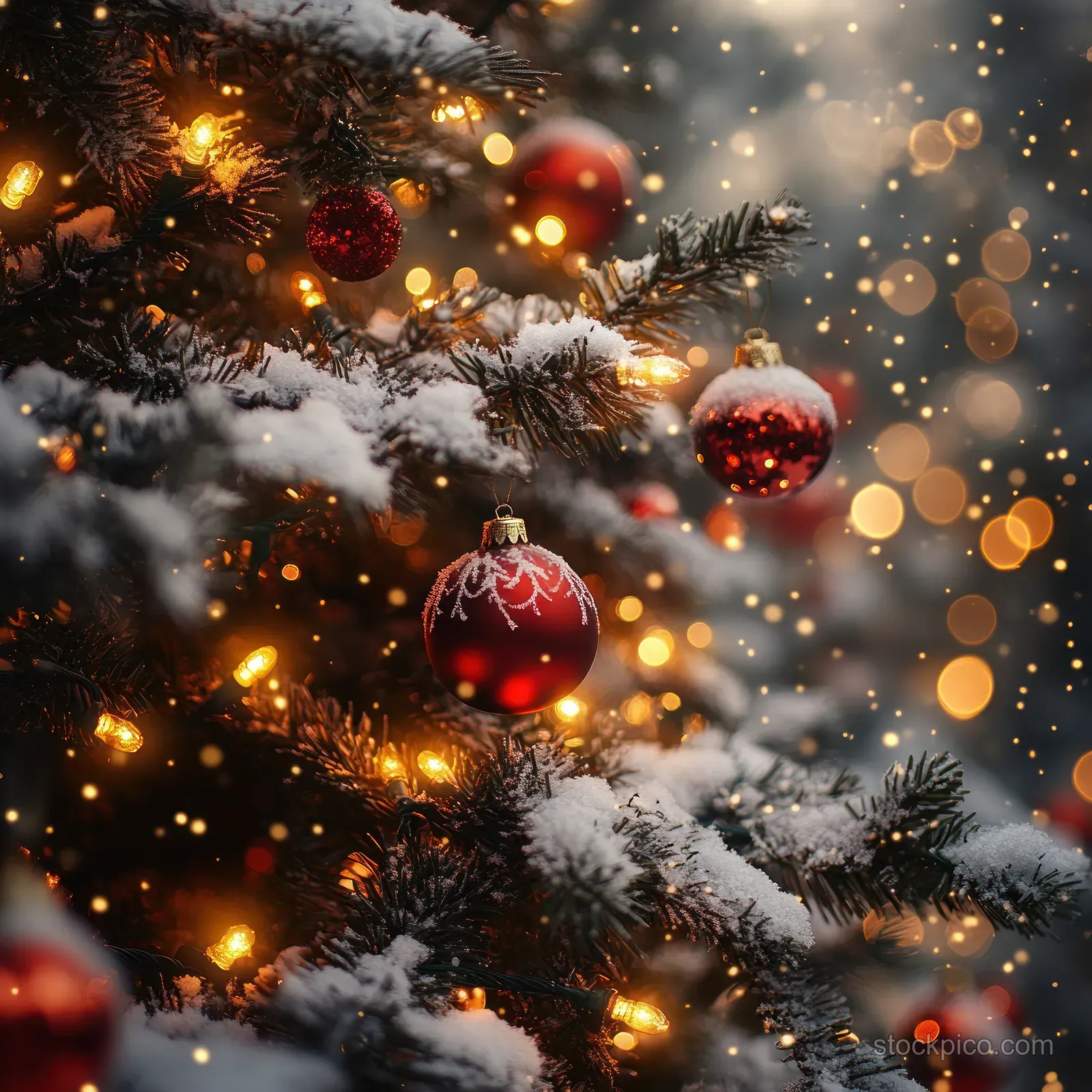 Snow-covered Christmas tree branches with red and white glowing ornaments and warm fairy lights in winter blur.