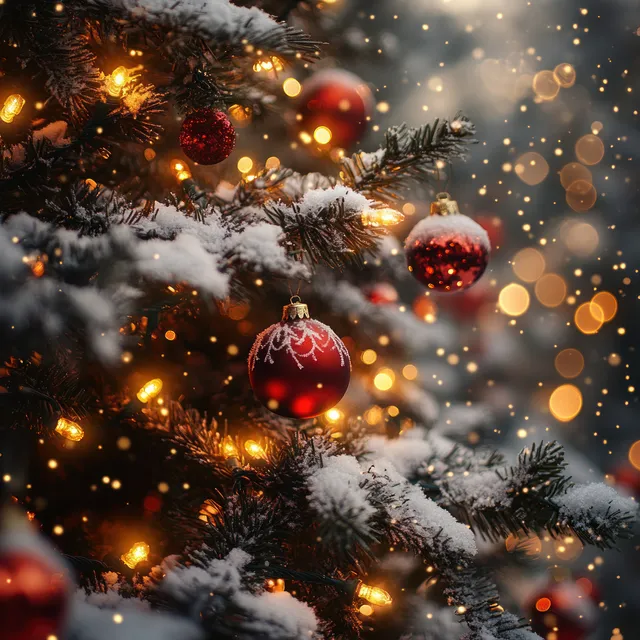 Snow-covered Christmas tree branches with glowing red ornaments and warm fairy lights