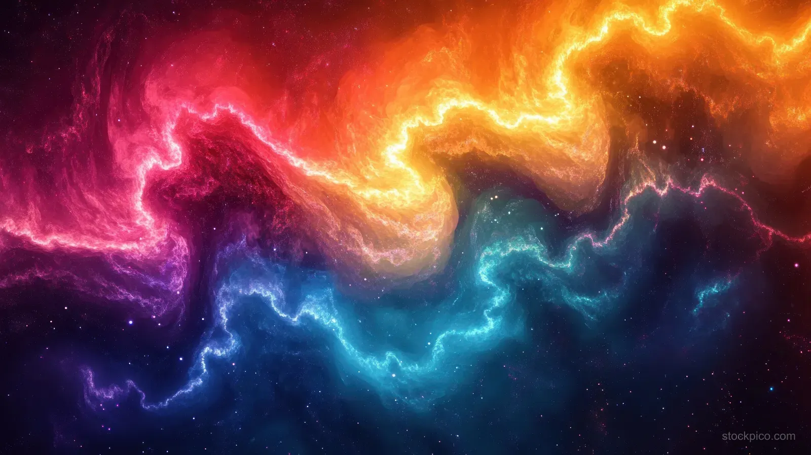 Swirling neon nebula clouds in red, orange, blue, and purple glow across a dark starry space background.