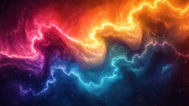 Swirling neon nebula clouds in red, orange, blue, and purple glow across a dark starry space background.