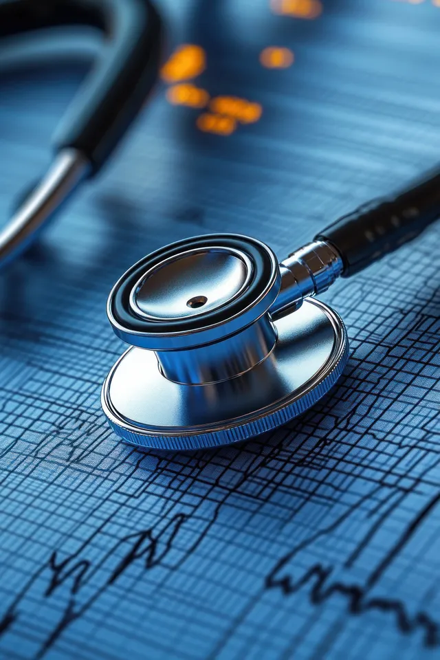 Metallic stethoscope rests on an electrocardiogram printout showing blue heartbeat waveform lines.