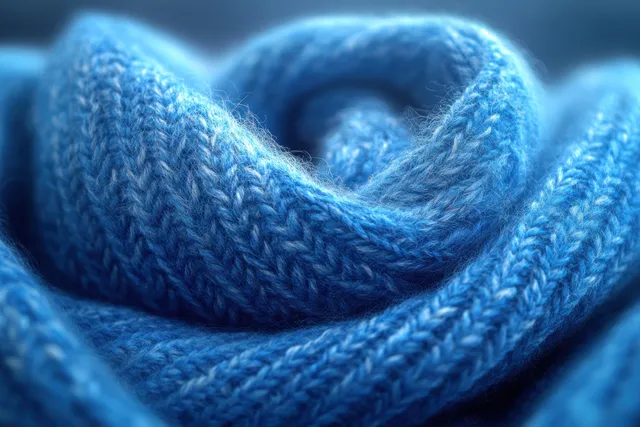 Primer plano de un cuello de punto azul y una etiqueta blanca de cuidado de lavado en una camisa de algodón con costuras y textura visibles.
