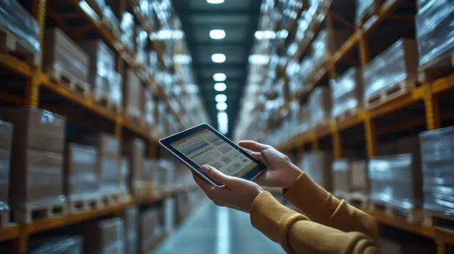 A warehouse worker holds a tablet in a brightly lit aisle between tall shelves stocked with goods.