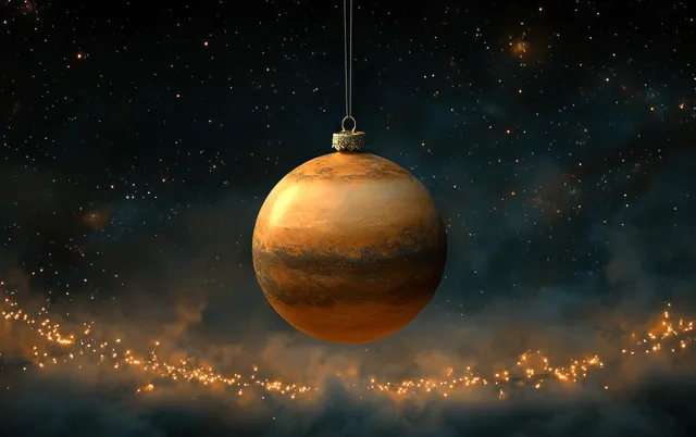 A Venus-shaped ornament hangs in a starry sky with a soft golden glow.