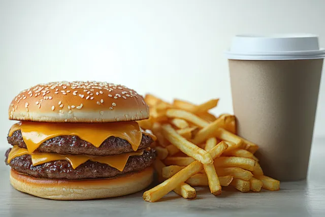 Double cheeseburger with melted cheddar and crispy fries beside a lidded disposable cup on a light surface.