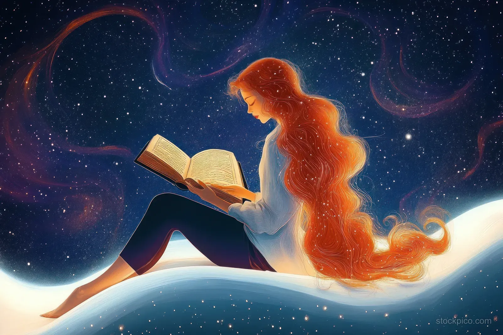 A young woman with long red hair reads an open book while lounging on a glowing curved surface in space.