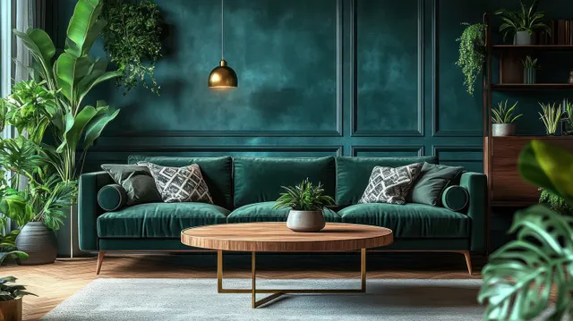 Dark green velvet sofa with patterned cushions faces a round wooden coffee table in a living room lit by a golden hanging lamp and surrounded by indoor plants.