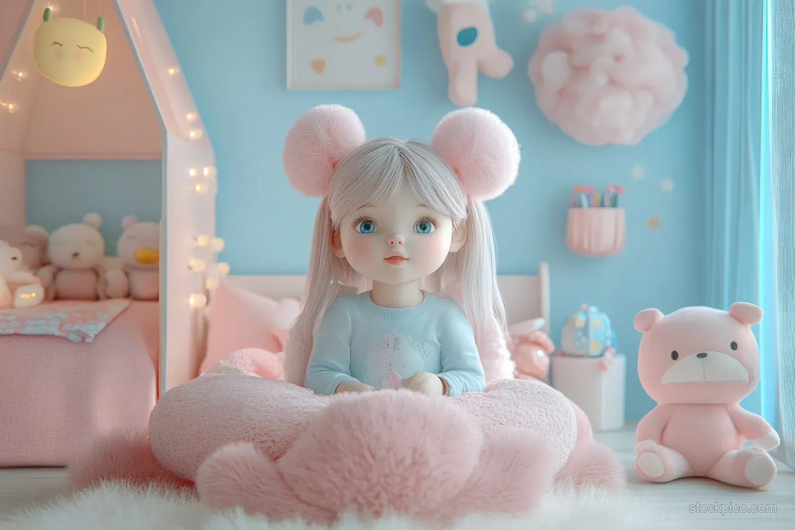 A girl doll with pom-pom ears sits on a fluffy pink cushion in a pastel nursery beside plush toys.