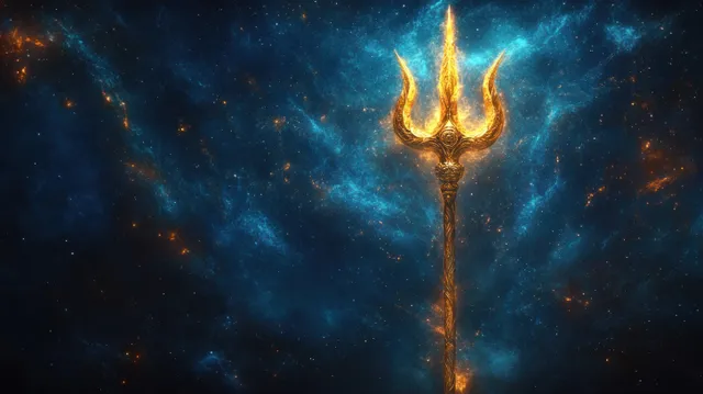 Golden glowing trident symbol floating above a starry blue nebula backdrop