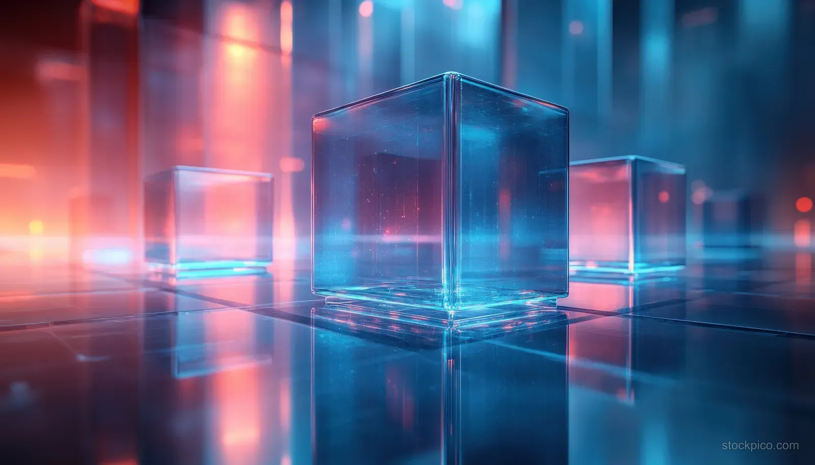 Futuristic blue 3D blocks glow under ambient light and reflect on a glassy surface.