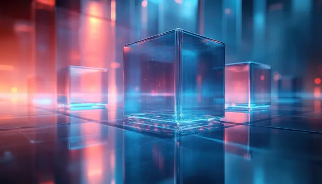 Futuristic blue 3D blocks floating in ambient light with reflective glass-like surfaces