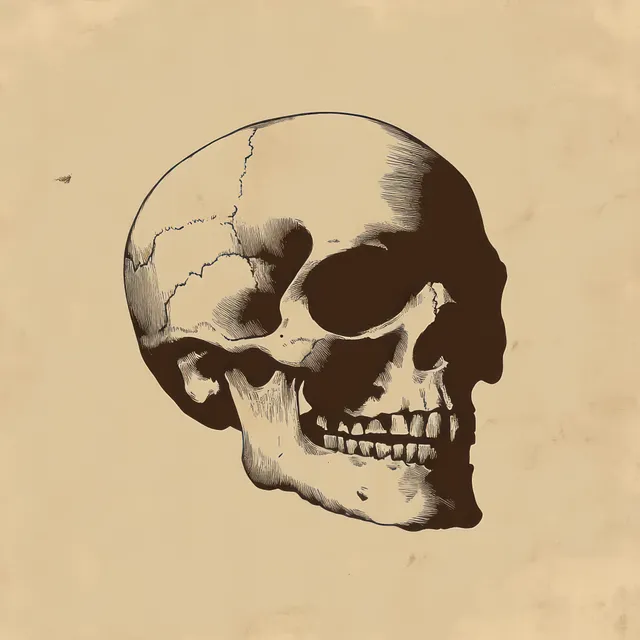 A cracked human skull illustration with dark eye sockets on beige textured paper.