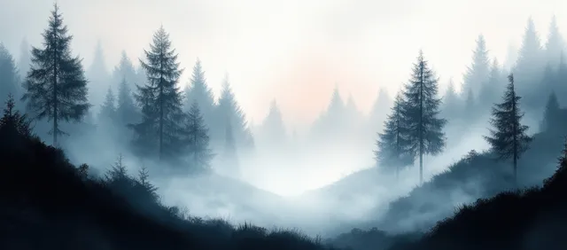 Misty evergreen forest valley with sunbeams cutting through fog and rows of trees at dawn.