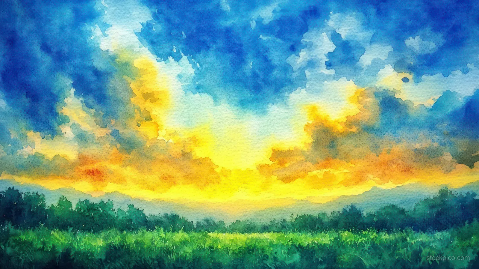 Watercolor painting of a sunrise with glowing yellow clouds above a green forest horizon.