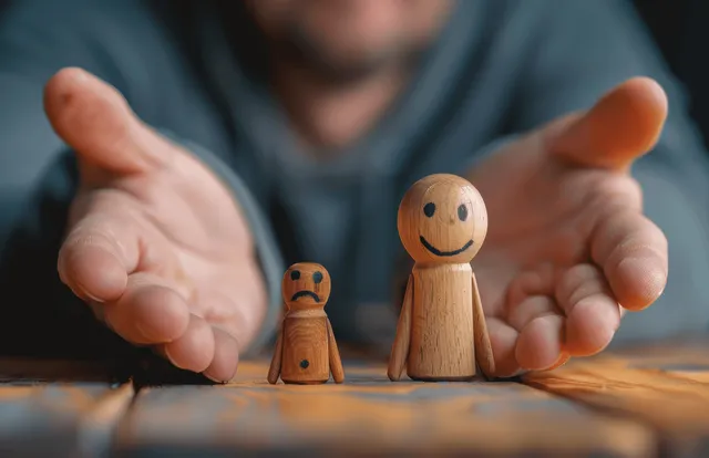 Una mano coloca una figura de madera triste y otra feliz sobre una mesa para mediación y resolución de conflictos.