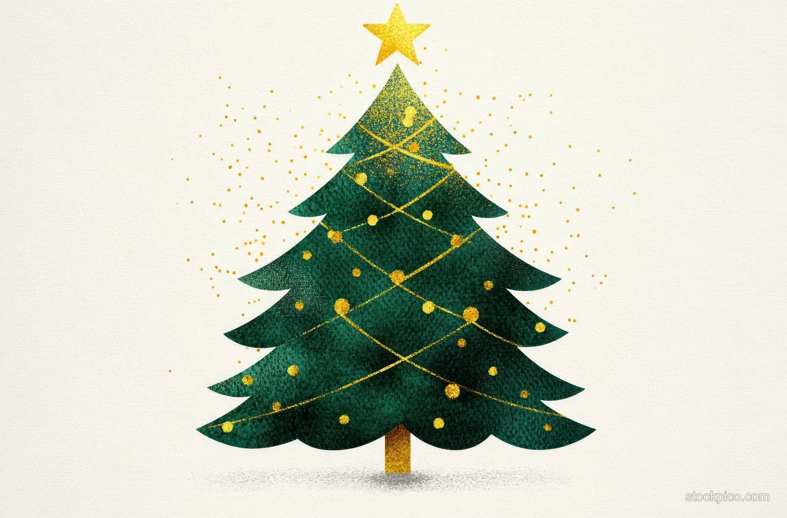 Green Christmas tree illustration wrapped with golden garland and ornaments, topped by a glowing golden star.