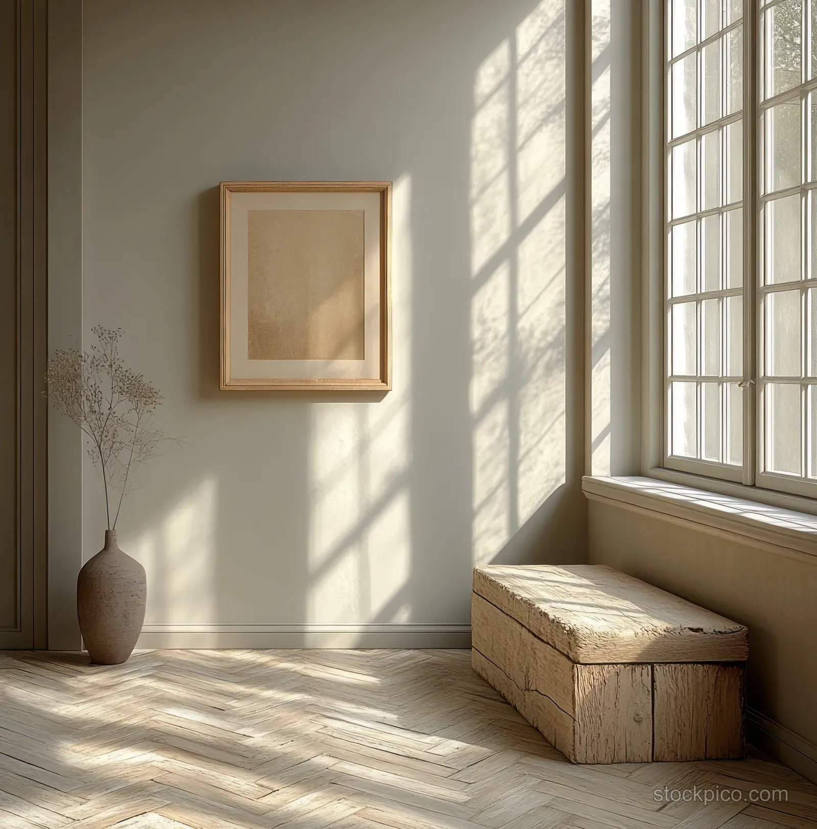 Minimalist wooden picture frame on a wall beside a bright window with soft daylight and herringbone floor shadows.