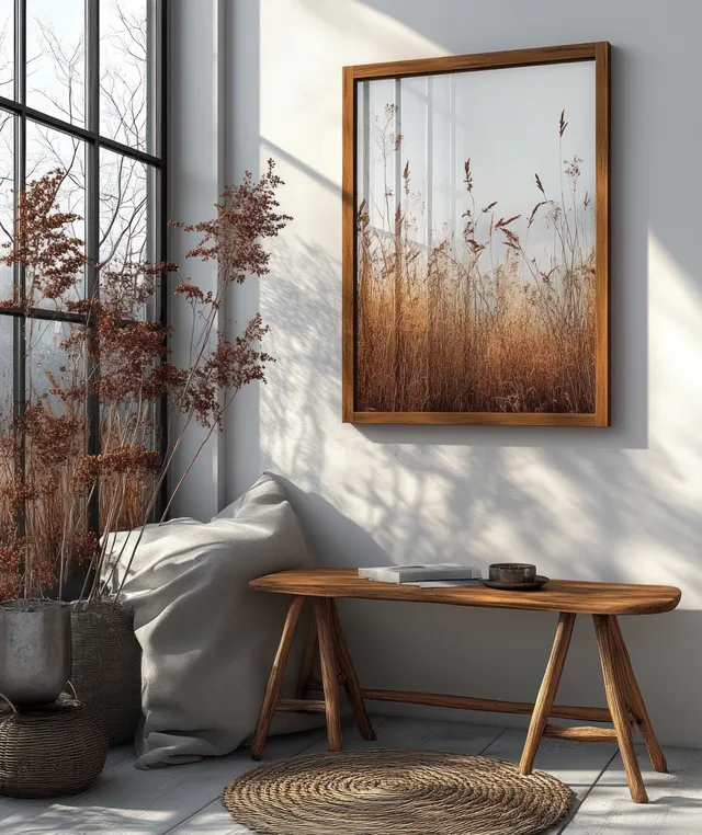Minimalist wooden picture frame on a bright white wall, illuminated by natural light in a Scandinavian interior setting.
