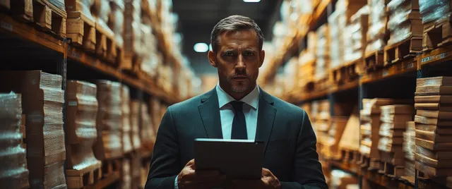 Businessman in a warehouse aisle holding a tablet while shelves of boxes blur into the background.