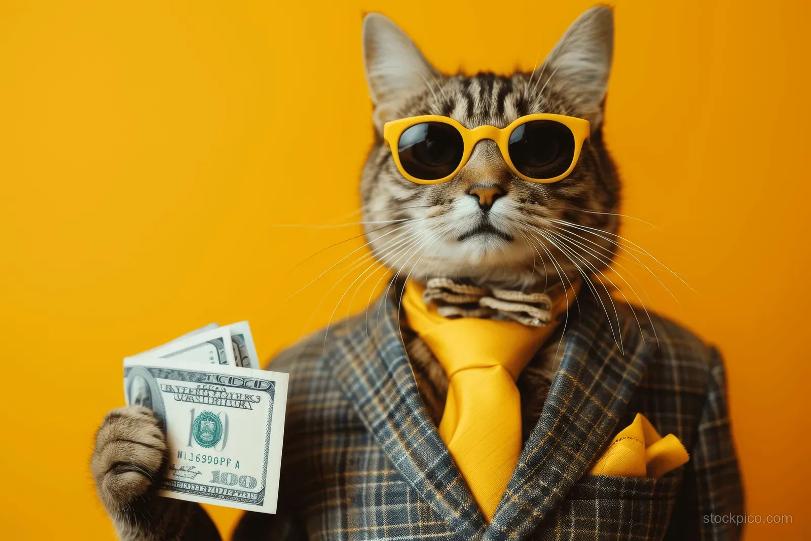 A hipster cat in sunglasses and blazer holds cash on a bright yellow background.