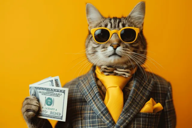 A hipster cat in sunglasses and blazer holds cash on a bright yellow background.
