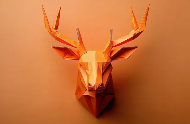 Faceted low-poly paper deer head with tall antlers displayed on a solid orange background.