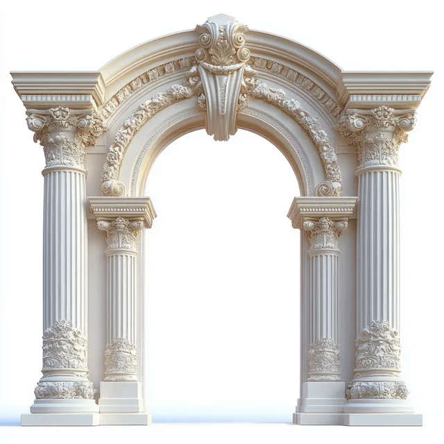 Light stone classical archway with fluted columns and ornate floral scroll carvings on a blank backdrop.